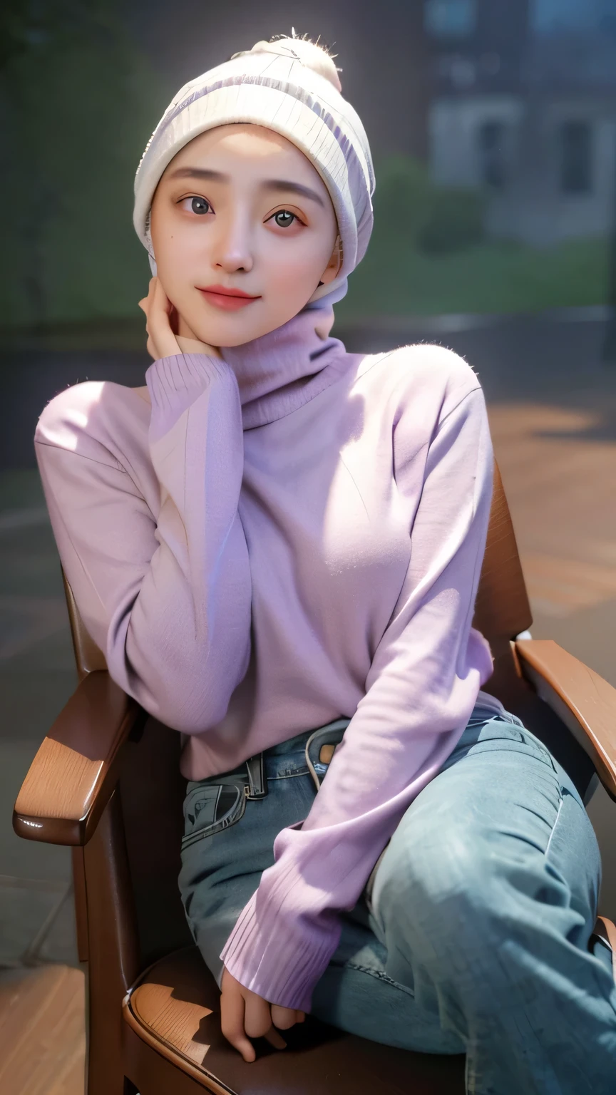 a 20 yo woman,hijab, soft purple sweater, dark theme, soothing tones, muted colors, high contrast, (natural skin texture, hyperrealism, soft light, sharp), simple background, smile, natural beauty, modern chair, sitting on a chair, wearing jeans, white gloves, beautiful eyes, green eyes, perfect figure