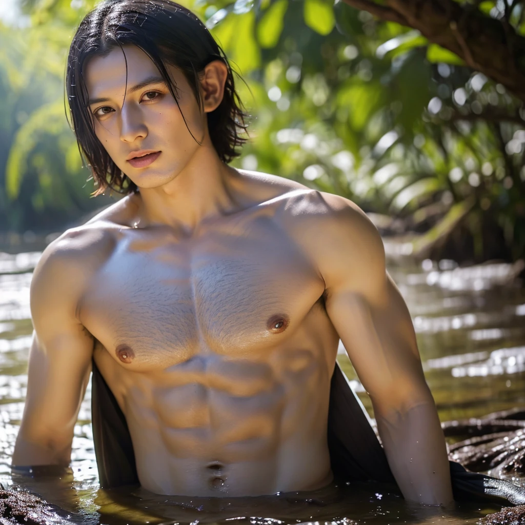 (tmasterpiece, high resolution, ultra - detailed:1.0), (1  boy, young male), perfect male body, (adult male elf:1.3), delicate eyes and delicate face, extremely detailed CG, Bblack hair, Unity 8k papel de parede, Complicated Details, face detailed, (silver eyes, eye looking to camera, sorriso sexy, seductiveexpression, eyes half closed, short and messy hair, half a body in the mud pit, topless, mud bath, wet hair and body), plein-air, flowers and trees, waterfall, portraite, color difference, Depth of field, dramatic shadow, ray tracing, best quality, Cinematic lighting, offcial art,