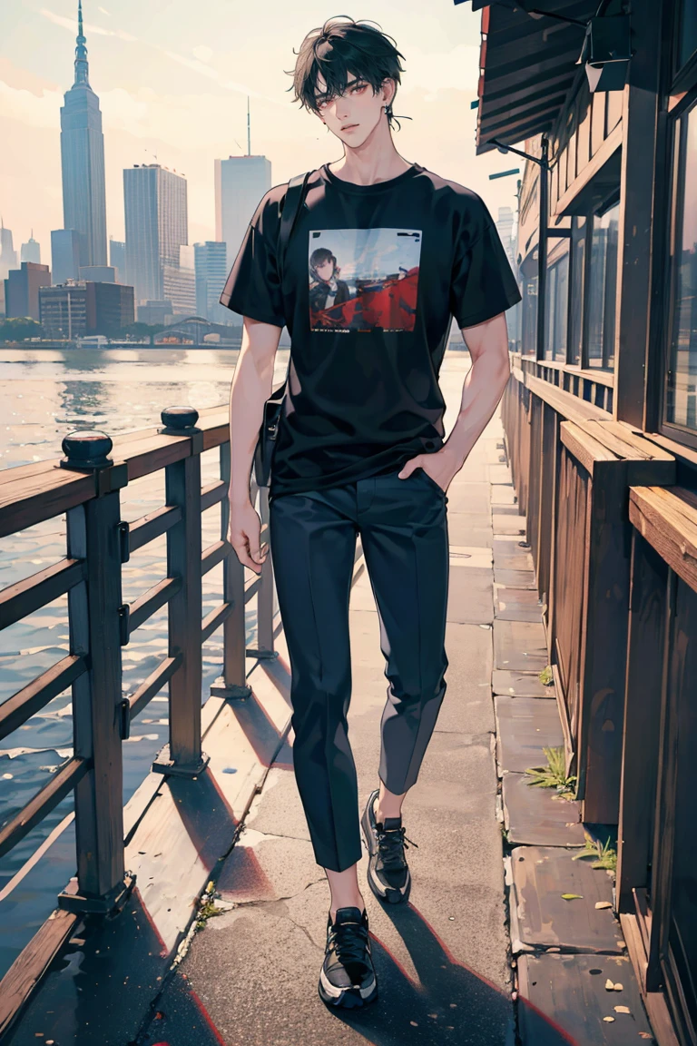 (masterpiece), best quality, seductive eyes, perfect face, handsome man, red eyes, short messy black hair, long nose, plain t-shirt, grey fitted pants, black sneakers, full body, extremely tall man, long legs, long calves, anime cover, 1boy, ear piercings, adult-like look, there's a beautiful city in the background, bad boy