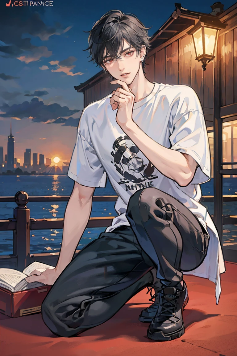 (masterpiece), best quality, seductive eyes, perfect face, handsome man, red eyes, short messy black hair, long nose, plain t-shirt, grey fitted pants, black sneakers, full body, extremely tall man, long legs, long calves, anime cover, 1boy, ear piercings, adult-like look, there's a beautiful city in the background, bad boy 

