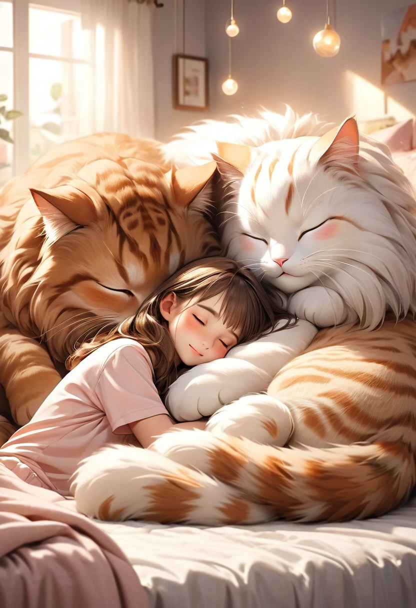 cute giant cat and  cute girl,  (cat bigger than the girl):1.5, giant fluffy adorable cat, leaning and sleeping side by side together on the bed, girl and cat happy full atmosphere, highly detailed, cinematic lighting, complex Detailed, warm colors, dreamy, soft focus, 8k, top quality, photorealistic