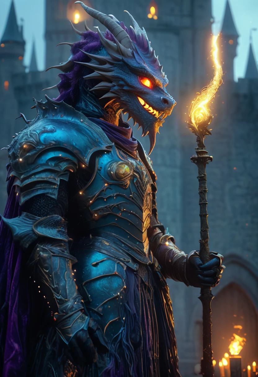"ariel view of a fullbody skinny mask covered man with glowing eyes with a baby blue/purple algae glowing hatchling dragon wrapped around his shoulders, holds a bloody celestial orb staff filled with magic in his hand wears light dark leather armor and a spiked helmet with a dark rainbow vibrant cloak standing in a dark room of the castle illuminated by candles, elden ring dark fantasy ultradetailed 64k 3d hdr, bioluminescent,