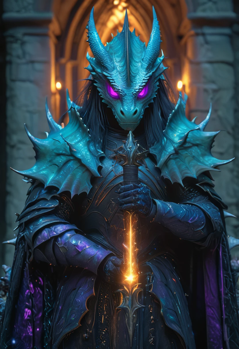 "ariel view of a fullbody skinny mask covered man with glowing eyes with a baby blue/purple algae glowing hatchling dragon wrapped around his shoulders, holds a bloody celestial orb staff filled with magic in his hand wears light dark leather armor and a spiked helmet with a dark rainbow vibrant cloak standing in a dark room of the castle illuminated by candles, elden ring dark fantasy ultradetailed 64k 3d hdr, bioluminescent,