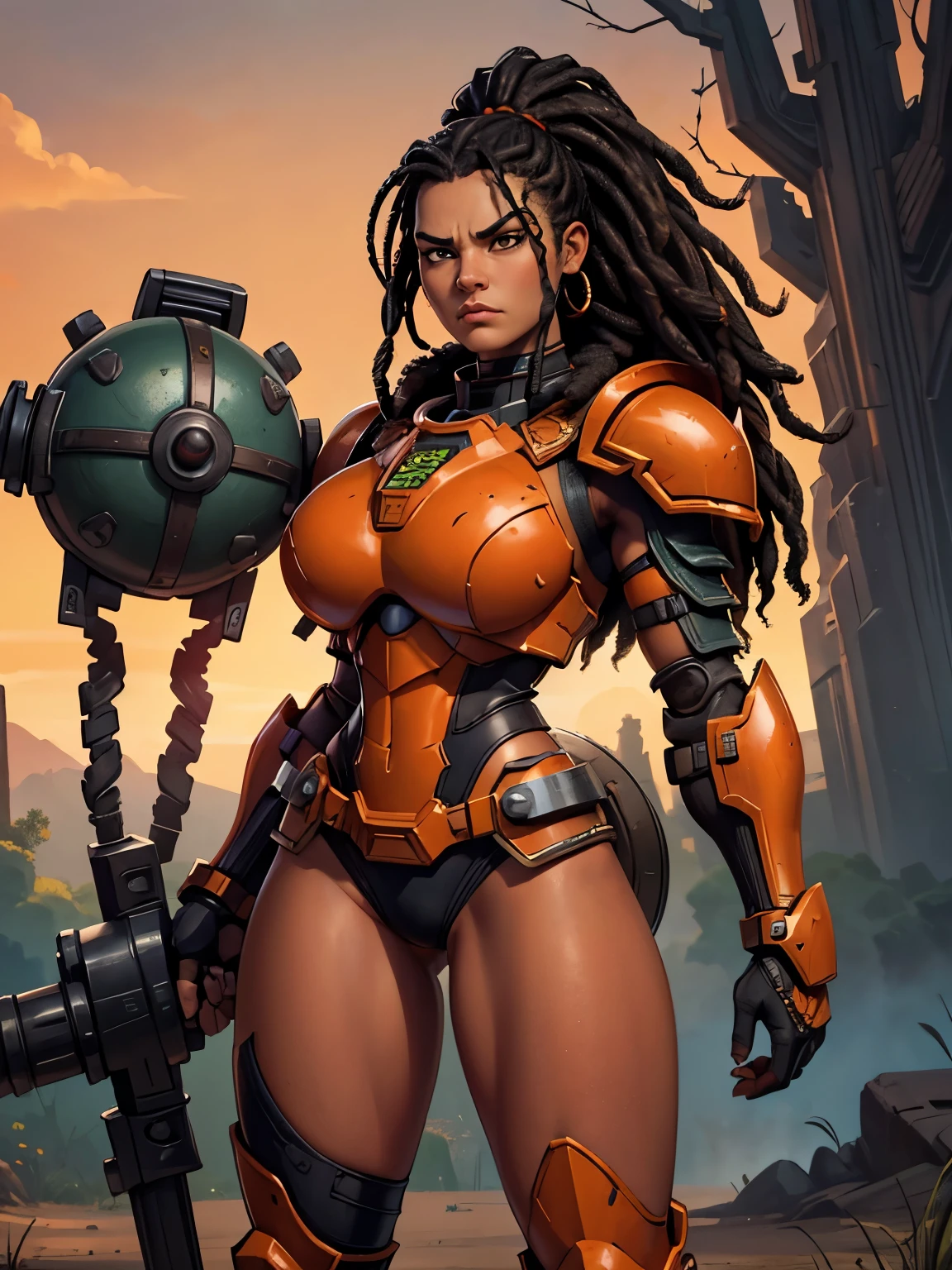 Portrait of African woman with (short black dreadlocks), black hair pulled back, wearing a (heavy orange mechanical armor, power armor covering her chest and arms, orange breast plate) with large (round orange shoulder pads). a dark green undersuit visible between the armor pieces. (Barbarian fur).  (Bare thighs, bare legs:1.2). Badlands background with dead trees. super high quality, super high detail, masterpiece, 4k, 8k, HDR, masters of the universe. Show her in a fighting stance, a heavy mace raised in one hand, the other hand is open and extended toward the camera. frowning.

