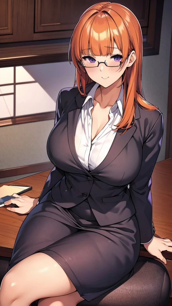 There is a woman sitting on a chair，Holding laptop in hand, Wearing a strict black suit, sitting on the table, strict suit, on the table, Wear a strict suit, Japanese Goddess, stockings and skirt, sitting at her desk, 坐on the table, Sit at your desk, wearing a suit, elegant legs, Looking ahead seductively, Cross your legs, Sakura double leaves, Orange hair, blunt bangs, Purple Eyes, violet eyes, Glasses, white button shirt, earphone, Tick, green jacket, Thick thighs