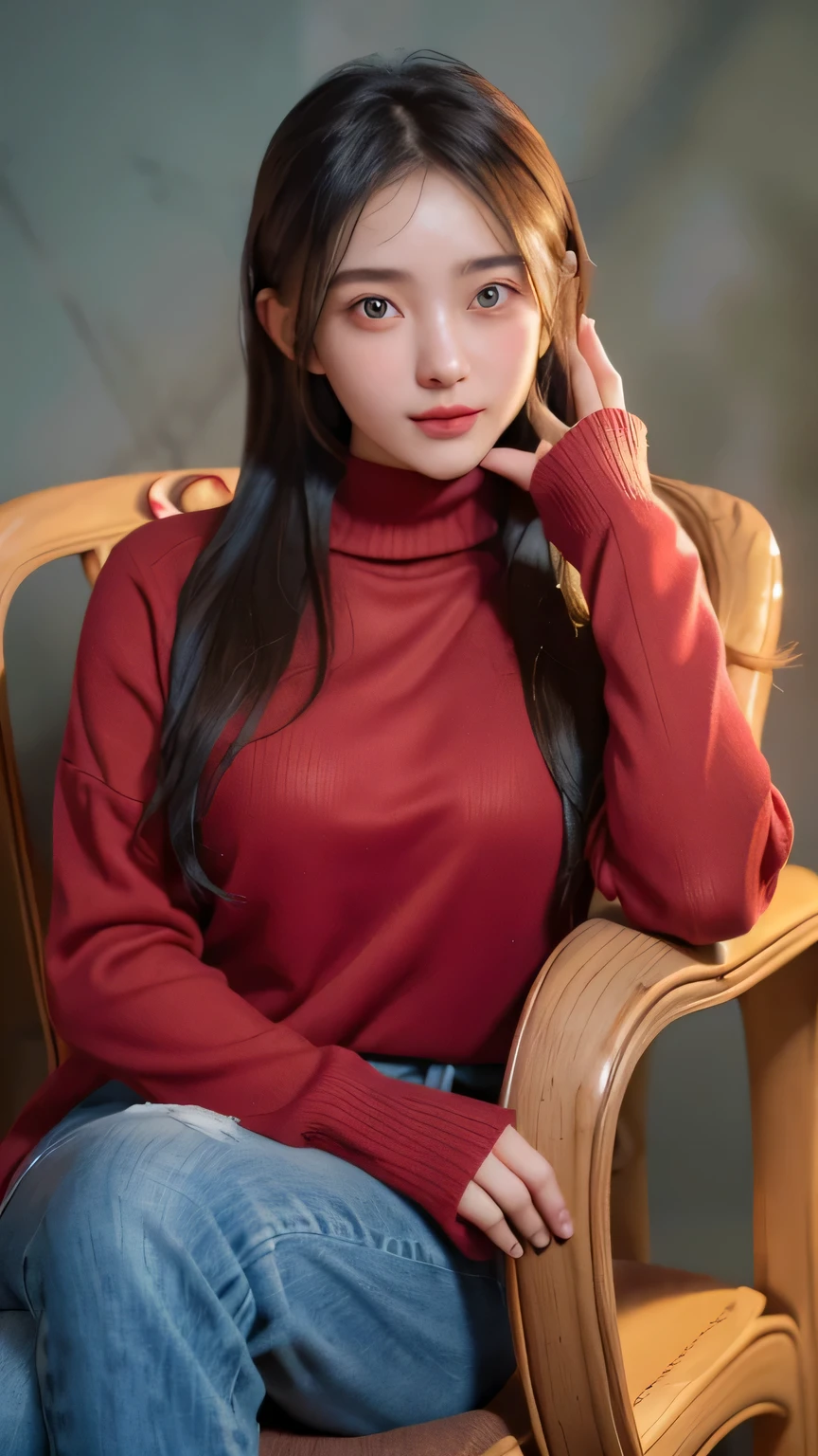 a 20 yo woman,hijab, soft red sweater, dark theme, soothing tones, muted colors, high contrast, (natural skin texture, hyperrealism, soft light, sharp), simple background, smile, natural beauty, modern chair, sitting on a chair, wearing jeans, white gloves, beautiful eyes, green eyes, perfect figure