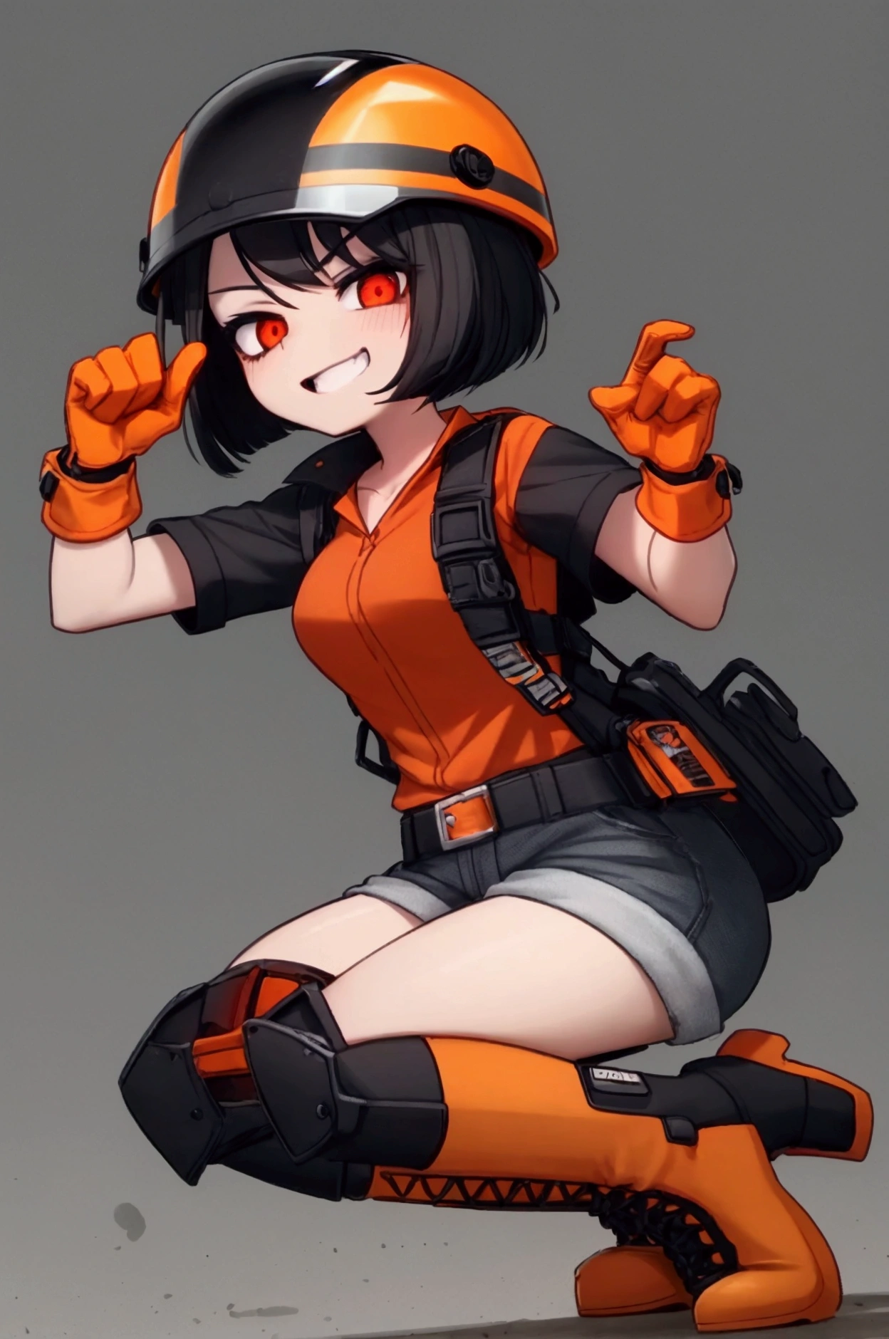 girl, black hair, bob, red eyes, orange short-sleeved safety jacket, black inner, denim shorts, black short socks, orange simple construction helmet, orange safety boots, white gloves, pointing finger 