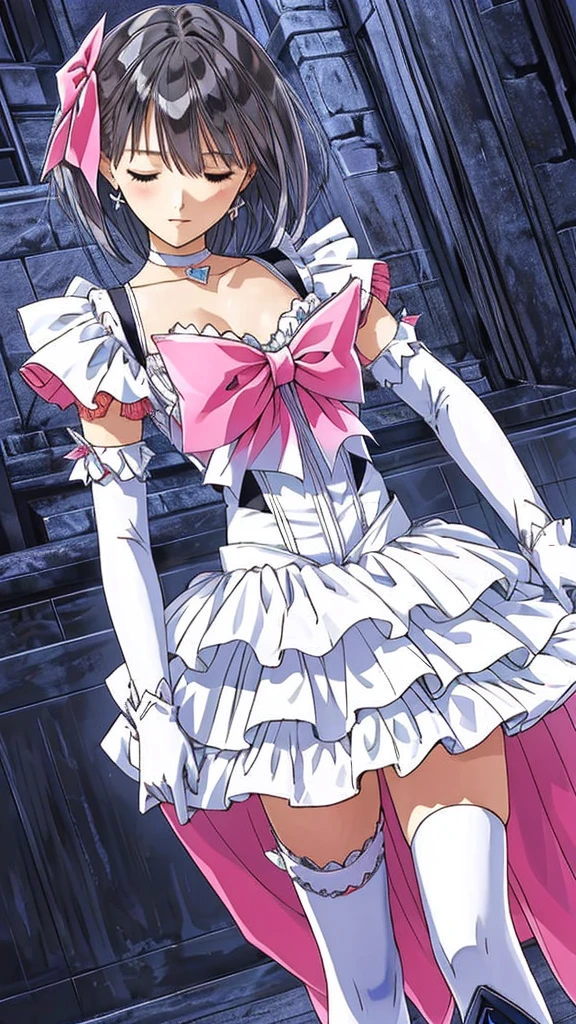 Suffering from being held by a muscular man:1.5)、Cure White,hair ribbon,Chest ribbon, mini skirt, white choker, thigh straps, elbow gloves, heart brooch,Heart Earrings,detailed hair and outfit, long flowing dark blue hair, white and blue frilly dress, white gloves and boots, blushing, feeling pain, suffering from arm being bitten by enemy, dynamic and intense scene, background with sound waves, eyes closed, masterpiece, best quality, highly detailed background, perfect lighting, (beautiful, best quality: 1.1), masterpiece, perfect eyes, (beautiful), (erotic: 1.2)
