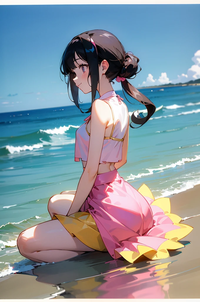 masterpiece, best quality, ultra detailed, outdoors, nature ,{Crystal-clear sea against a blue sky {{with white clouds}}}, seaside serenity, Breezy Beach , {simple background} ,reflective water, a girl, idol, happy, smiling, sitting on the floor, looking away ,medium twintail, black hair, {{curly}}, black hair, odd eyes, droopy eyes, pale skin, {{{all vivid pink sleeveless ruffle fluffy iolita costume}}}, {mini-skirt}  , at noon, nostalgic atmosphere, cel anime, full body shot, on right, from behind, golden ratio, golden hour, directional light, in focus with blurred background