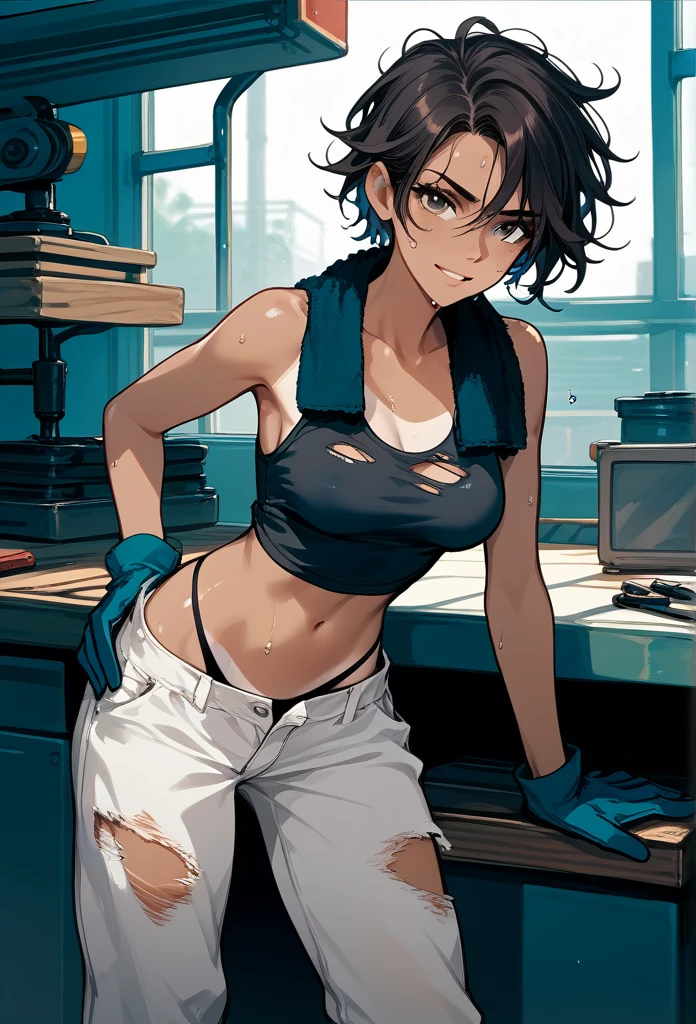 masterpiece, best quality, mature woman, messy hair, black hair, brunette gradient hair color, hot face, (tomboy face), tan skin, mature body, fit body, medium breasts, mechanic gloves, (dirty tank top), stained tank top, midriff, white bandana, mechanic pants, loose pants, workshop, (sweaty), bending over, towel around neck, black thong lines, ripped pants, spreading legs