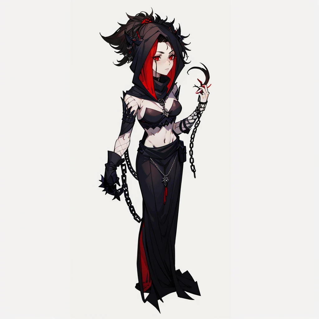 A tall woman, robusta, cabelos longos e negros, pale skin, red eyes and wears black armor with black details, wielding a chain linked to a black hook with red visages