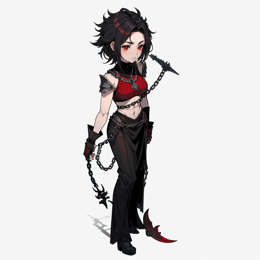 A tall woman, robusta, cabelos longos e negros, pale skin, red eyes and wears black armor with black details, wielding a chain linked to a black hook with red visages
