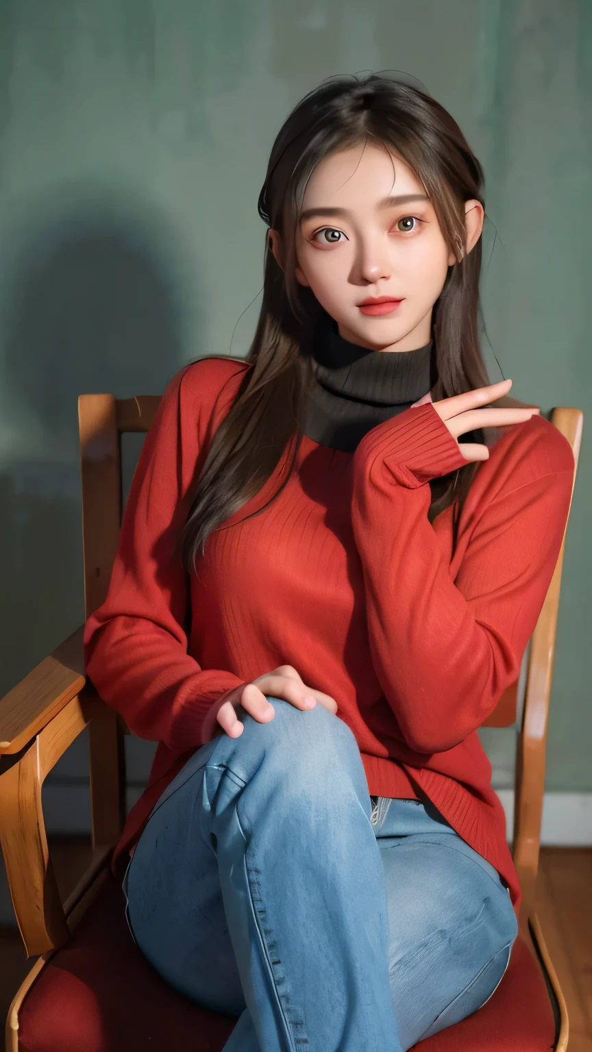 a 20 yo woman,hijab, soft red sweater, dark theme, soothing tones, muted colors, high contrast, (natural skin texture, hyperrealism, soft light, sharp), simple background, smile, natural beauty, modern chair, sitting on a chair, wearing jeans, white gloves, beautiful eyes, green eyes, perfect figure