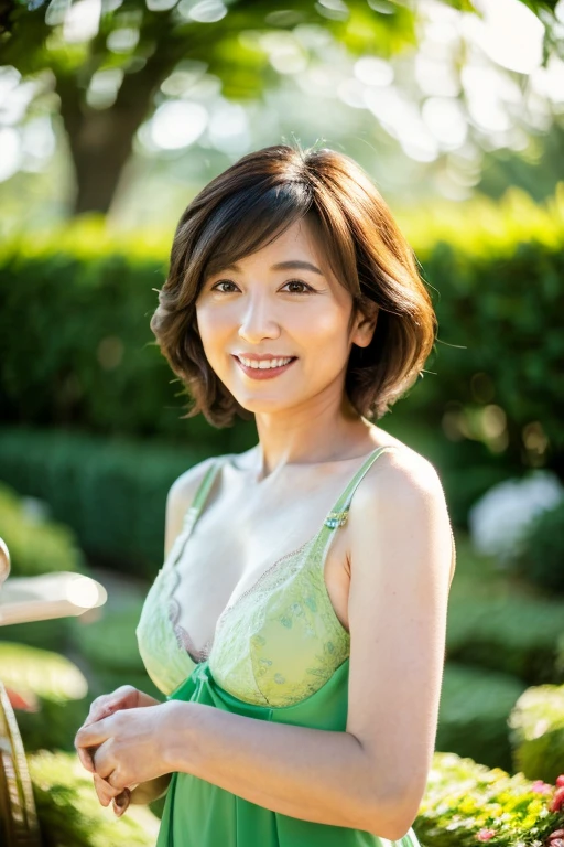 (8k, highest quality, masterpiece: 1.2), Japanese women, Super detailed, highest quality, Ultra-high resolution, Professional Lighting, Photon Mapping, Radio City, Physically Based Rendering, Cinema Lighting, Depth of written boundary, focus on, Sun rays, Good composition, (bokeh: 1.2), 1 female, (whole body), Bright smile, Beautiful Eyes, tracing, narrow, Brown Hair, short hair,green, lingerie, garden,Japanese,Mature Woman,D cup breasts,Emphasize the chest