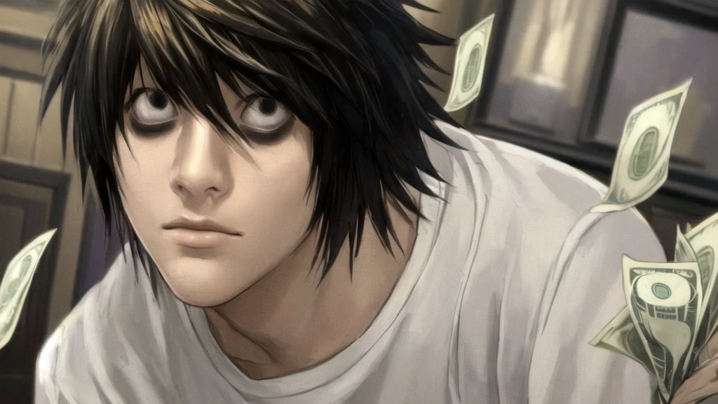 1 boy, man, perfect anatomy, mesmerizing black eyes, 8k resolution, (one person), (realism: 1.2), (masterpiece: 1.2), (cowboy frame: 1.2), dark romantic lighting, (high detail: 1.2), (detailed face: 1.2), (gradients), bright detailed eyes, (natural light: 1.2), solo, indoors, perfect lighting, perfect facial features, perfect angle, perfectly drawn eyes, man, skinny, serious expression, money, dollars, gold around, dollars