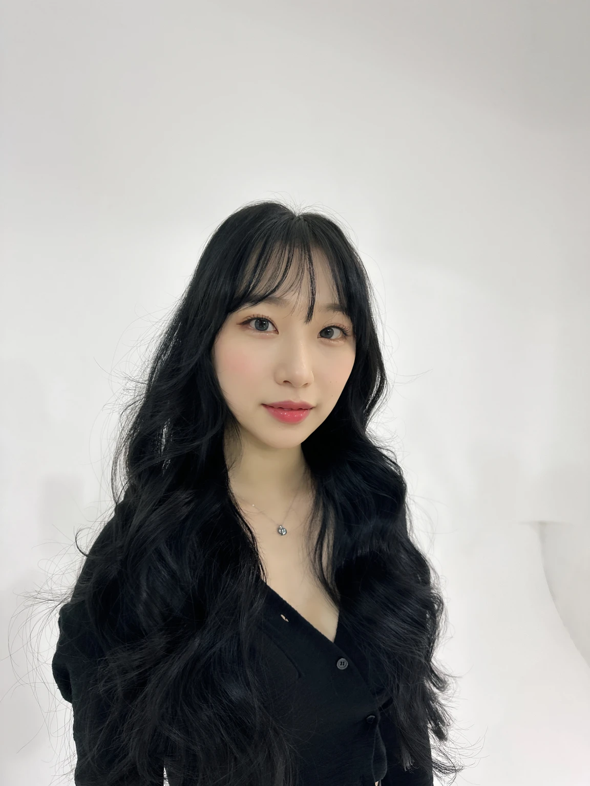 Best Quality, 8k, Masterpiece, (Portrait: 1.3), (photo realistic:1.4), (hyper realistic:1.4), Sharp Focus, looking at viewer, (smoother lighting:1.1), (increase cinematic lighting quality:0.9), realistic lighting, backlighting, light on face, ray trace, (brightening light:1.2), (Increase quality:1.4), sharp detail, (best quality real texture skin:1.4), finely detailed eyes, black_eyes, finely detailed face, 25 year old Korean woman, smiling_face