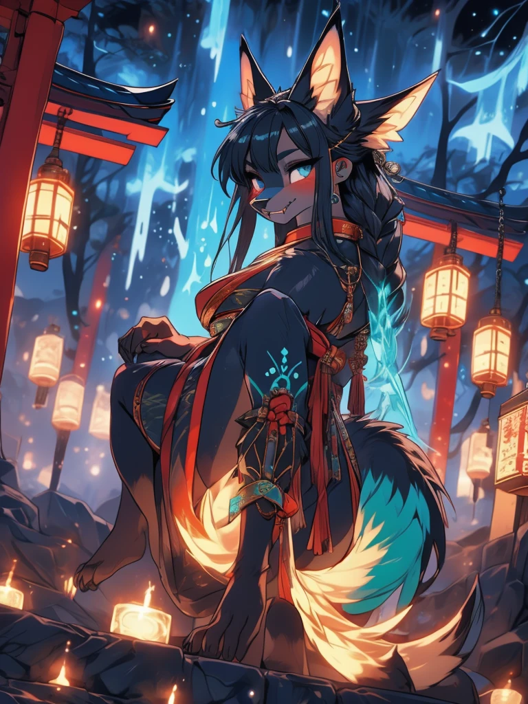 Miku Hatsune x vixen high definition good anatomy agregar_detalle:1, pelaje azul,Orejas de Kitsune, tribal tattoo agregar_detalle:1, cute girl agregar_detalle:1, feudal priestess clothing agregar_detalle:1, japanese shrine landscape night agregar_detalle:1,japanese marsuri add_detail japanese shrine costume agregar_detalle:1, agregar_detalle:1, fullbody  barefoot agregar_detalle, highly detalleed face, deep aqua iris agregar_detalle:1 lighting eyes agregar_detalle:3, garras de lobo, sharp fangs agregar_detalle:1, wild slut agregar_detalle:1, barefoot agregar_detalle:3, sensual parciality nude add_detail 