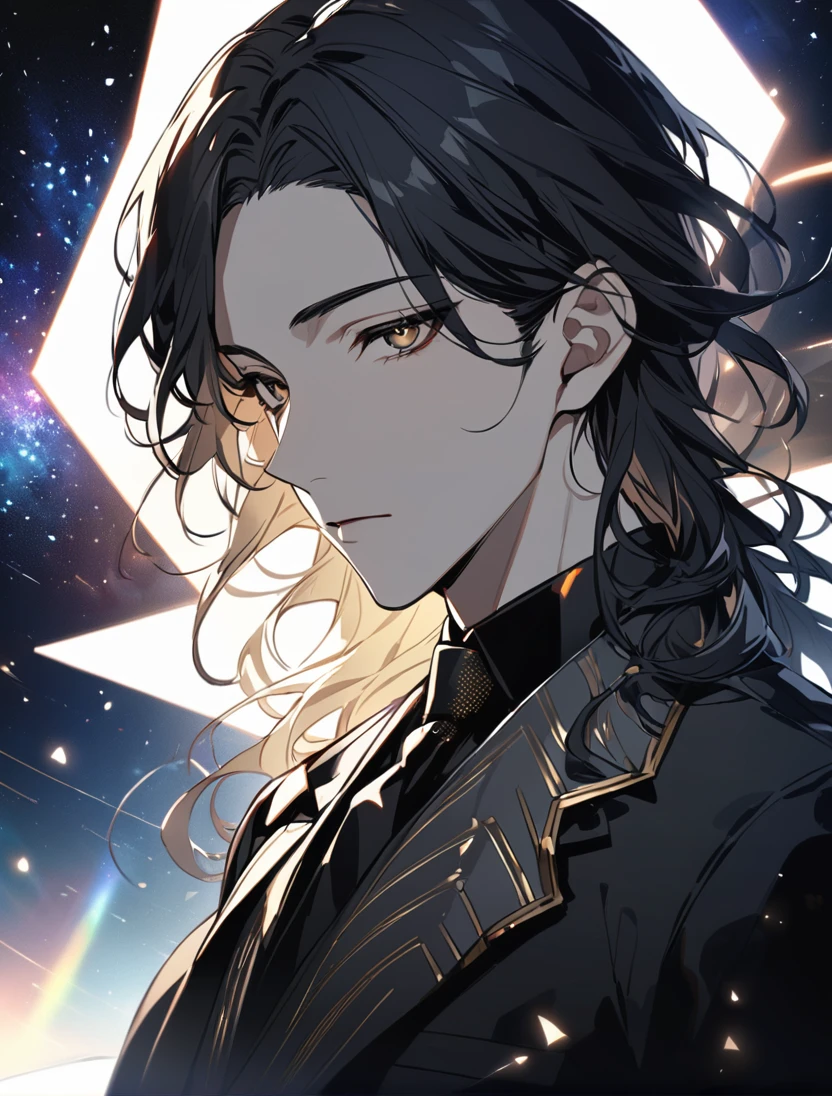 (black_hair), (long_male_hair), (deep_black_eyes), (detailed_eyes), (attractive_and_handsome), (emotionless), (Deep_space_background), (male), (wears_black_suit), (long_male_hair), (detailed_Hair), (detailed), (detailed_mouth), (gold_pupils), (detailed), (on_his_twenties), (Europian) 