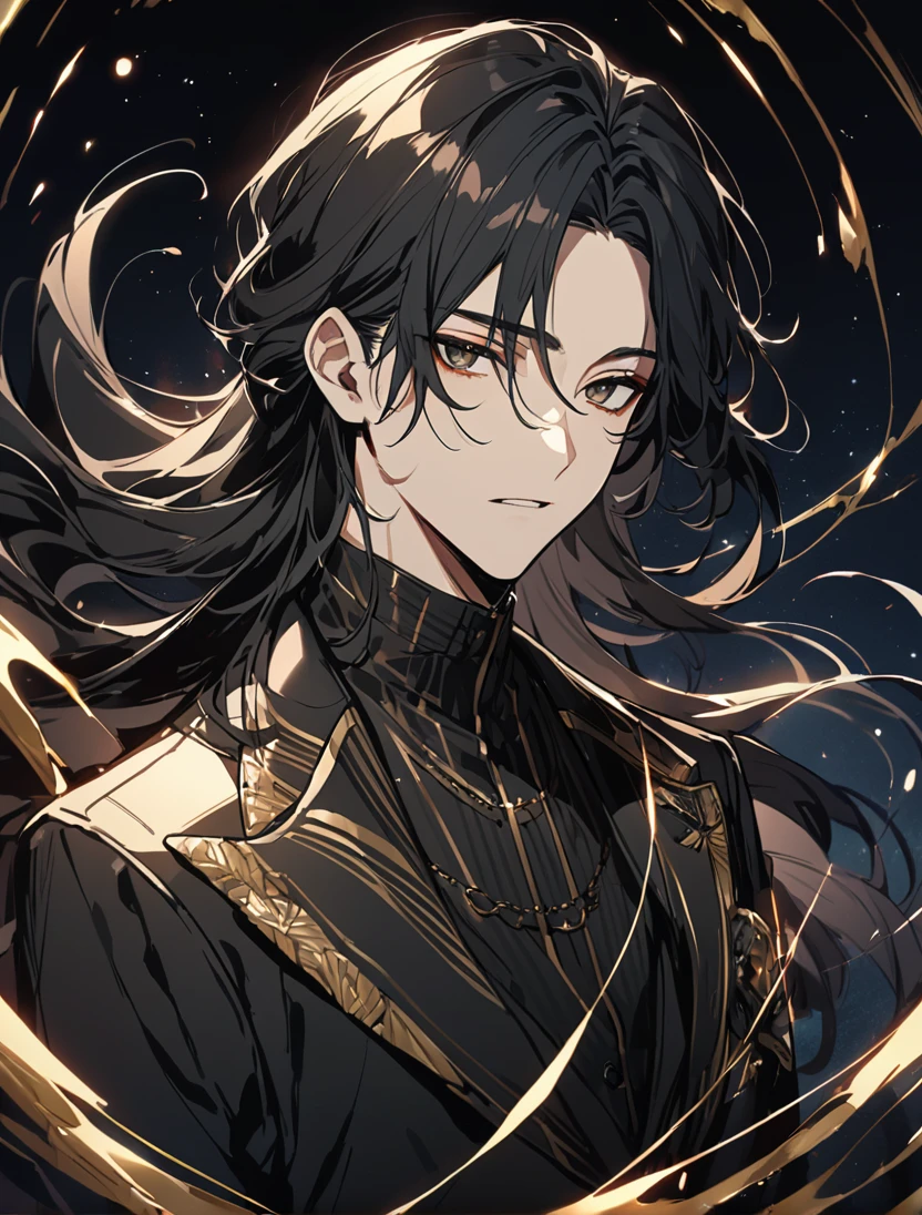 (black_hair), (long_male_hair), (deep_black_eyes), (detailed_eyes), (attractive_and_handsome), (emotionless), (Deep_space_background), (male), (wears_black_suit), (long_male_hair), (detailed_Hair), (detailed), (detailed_mouth), (gold_pupils), (detailed), (on_his_twenties), (Europian)