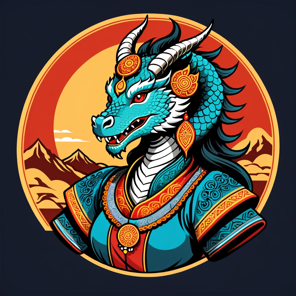 female dragon in mongolian folk outfit, vector graphics, strong contours, logo design
