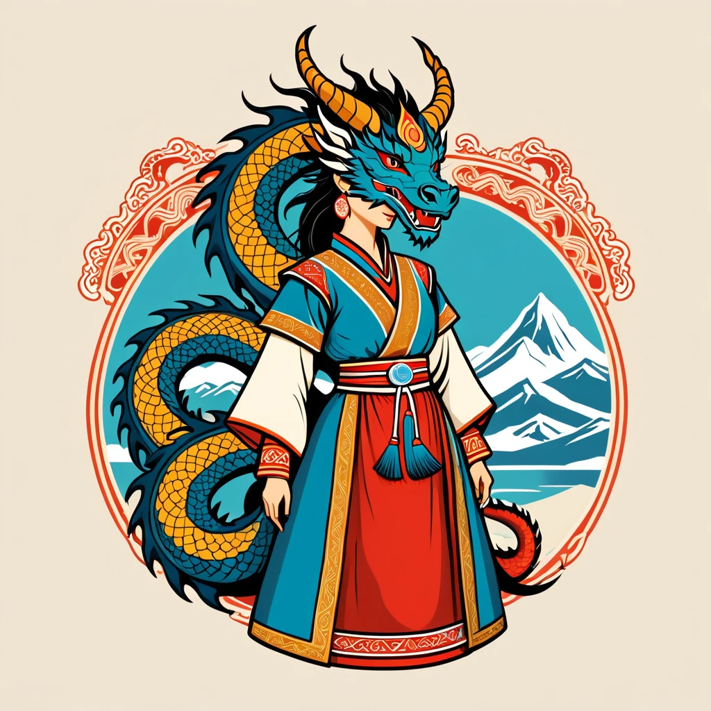 female dragon in mongolian folk outfit, vector graphics, strong contours, logo design
