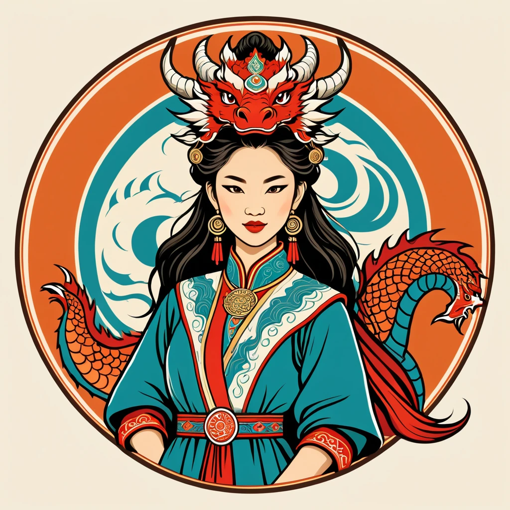 female dragon in mongolian folk outfit, vector graphics, strong contours, logo design
