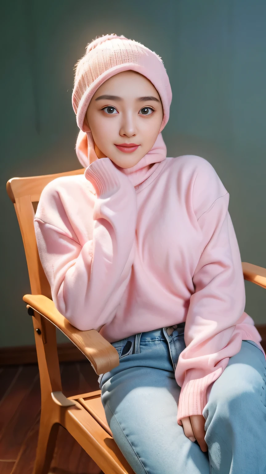 a 20 yo woman,((hijab)), soft purple sweater, dark theme, soothing tones, muted colors, high contrast, (natural skin texture, hyperrealism, soft light, sharp), simple background, smile, natural beauty, modern chair, sitting on a chair, wearing jeans, white gloves, beautiful eyes, green eyes, perfect figure