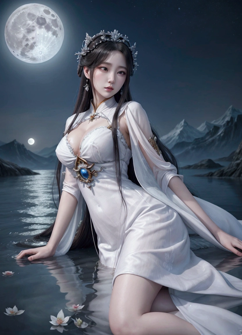 a woman in a white dress sitting on the water with a full moon in the background, a beautiful fantasy empress, by Yang J, beautiful maiden, ethereal beauty, ((a beautiful fantasy empress)), goddess of the moon, full body xianxia, anime goddess, moon goddess, white hanfu, beautiful goddess, guweiz, beautiful fantasy maiden, flowing magical robe