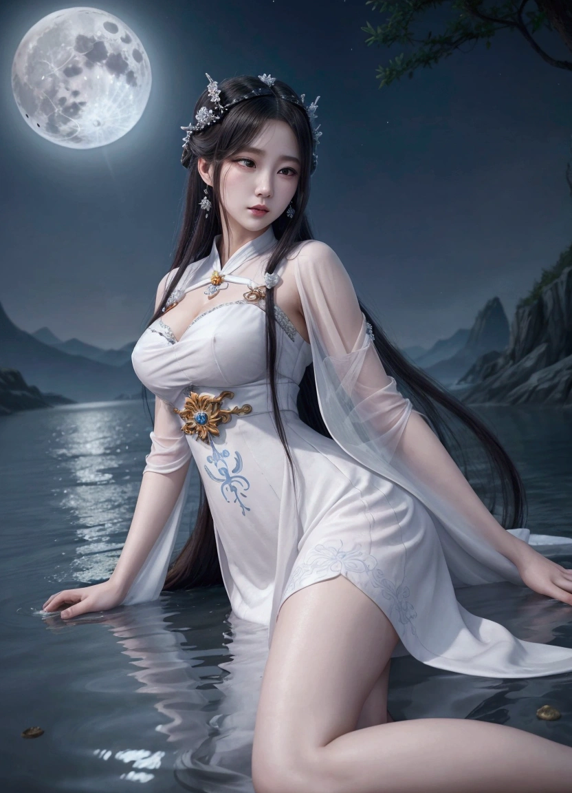 a woman in a white dress sitting on the water with a full moon in the background, a beautiful fantasy empress, by Yang J, beautiful maiden, ethereal beauty, ((a beautiful fantasy empress)), goddess of the moon, full body xianxia, anime goddess, moon goddess, white hanfu, beautiful goddess, guweiz, beautiful fantasy maiden, flowing magical robe