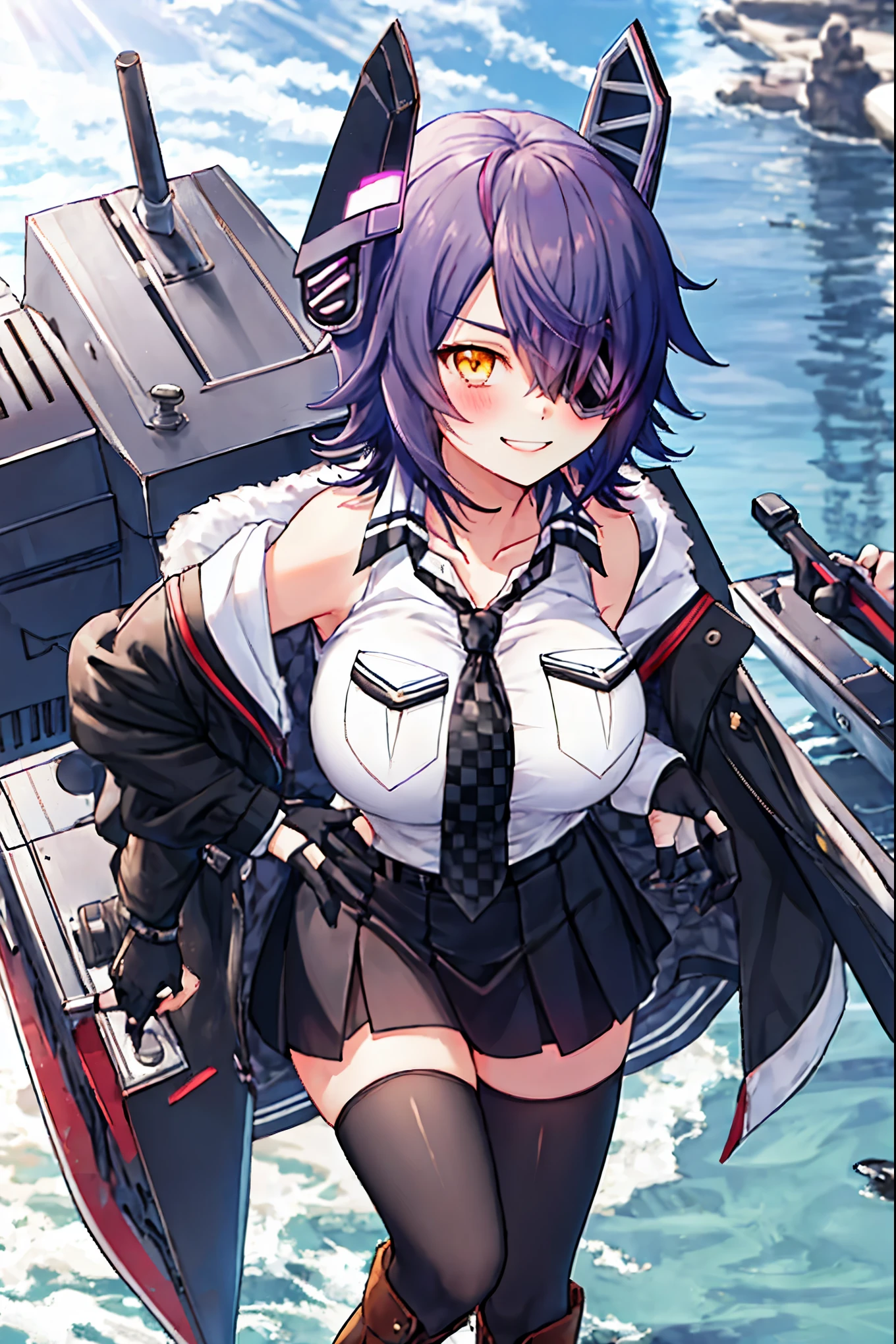 best quality, masterpiece, solo, {tenryuu_kantaicollection:1.15}, teen_girl, eyepatch, short_hair, purple_hair, yellow_eyes, headgear, breasts, necktie, large_breasts, smile, 1girl, blush, checkered_necktie, hair_over_one_eye, shirt, collared_shirt, white_shirt, sleeveless, brown_eyes, collarbone, looking_at_viewer, pocket, breast_pocket, ,, messy_hair, black_gloves, gloves, partially_fingerless_gloves,harbor_town_landscape_background,,short_skirt,thigh-highs,boots,sunlight,looking_from_below