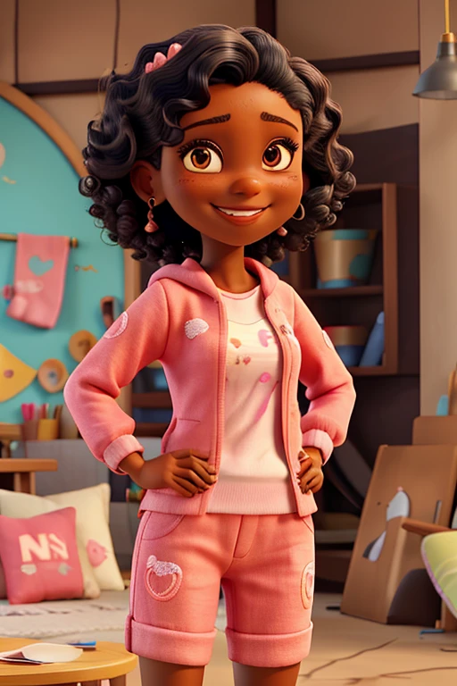 a woman with black skin, with very short curly hair, pink clothes written "NS Creating & Embroidering", smiling and advertising some embroidery item 