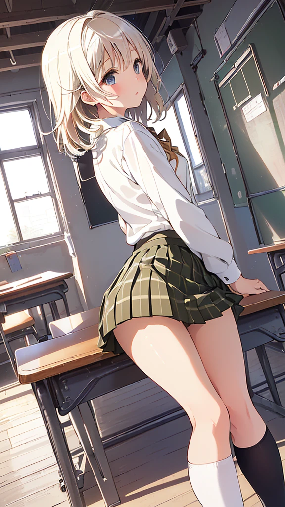 (((Angle from directly below))), Beautiful details, 16K, Absurd, masterpiece, Super detailed, beautiful girl, ((Detailed shiny detailed feminine shiny padded white panties backside)), One girl crouching, (((Panty Force))), From behind, Platinum Blonde Hair、Panty shot、View from below、(((school uniform、Pleated skirt、Knee socks))),School classroom