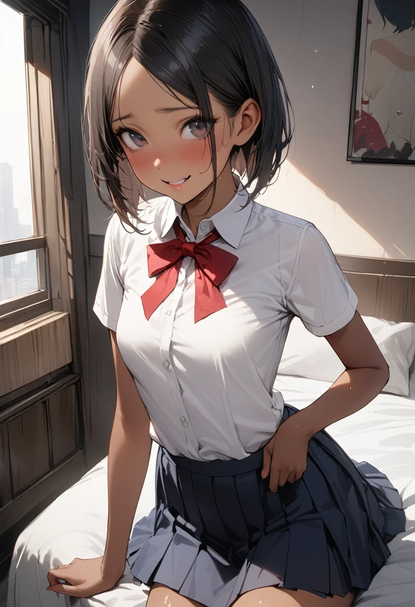 ((masterpiece,Highest quality:1.3,best quality illustration)),((realistic:1.2)),cowboy shot,独奏,1woman,18 year old beauty、black hair,short bob hair,(center parted bangs),black eyes,(gorgeous big eyes),((very small head:1.3)),shy,smile,((slender body,skinny)),(tan skin:1.4),small breasts,White short-sleeved collared shirt、red bowtie,Navy blue pleated mini skirt),gleaming skin,oily skin,slender body, Simple bed、Simple bedroom、Tokyo、