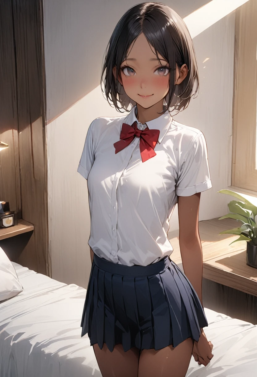 ((masterpiece,Highest quality:1.3,best quality illustration)),((realistic:1.2)),cowboy shot,独奏,1woman,18 year old beauty、black hair,short bob hair,(center parted bangs),black eyes,(gorgeous big eyes),((very small head:1.3)),shy,smile,((slender body,skinny)),(tan skin:1.4),small breasts,White short-sleeved collared shirt、red bowtie,Navy blue pleated mini skirt),gleaming skin,oily skin,slender body, Simple bed、Simple bedroom、Tokyo、