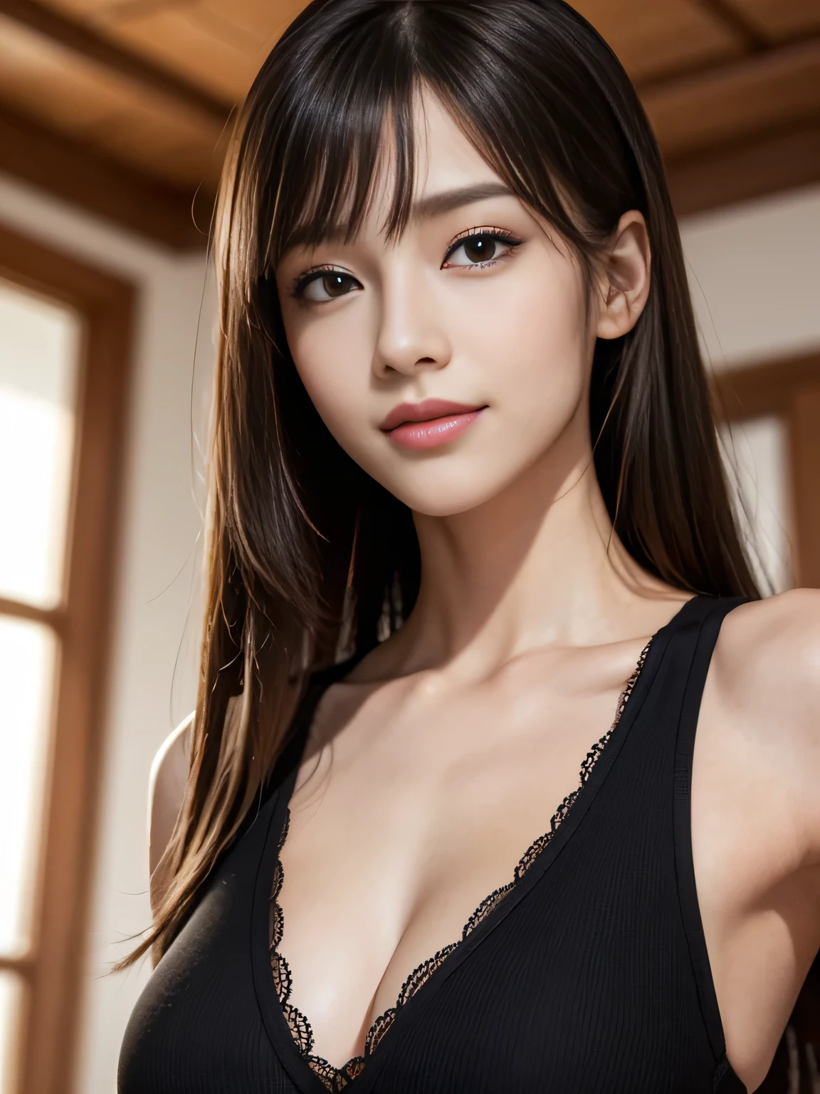 masterpiece, best quality, ultra-detailed, intricately detailed hyperdetailed, realistic, sharp features, highly detailed, sharp focus, (18 years old:1.3), perfect face, perfect symmetrically eyes, perfect full lips, hyper detailed, hyper realistic, high resolution, Fashion Model, Slender, Japanese Idol, Stylish, Realistic, Photorealistic:1.3, Beautiful Face, POV shot, light brown hair, messy hair, asymmetrical bangs, Neat clothes, (smile), (tight fitting Black tops:1.2),