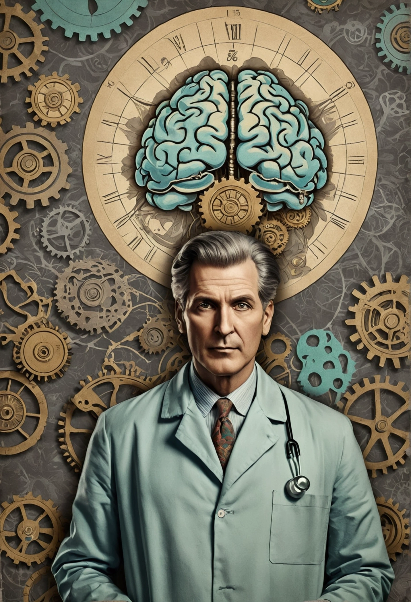 Old bald scientist holding a brain