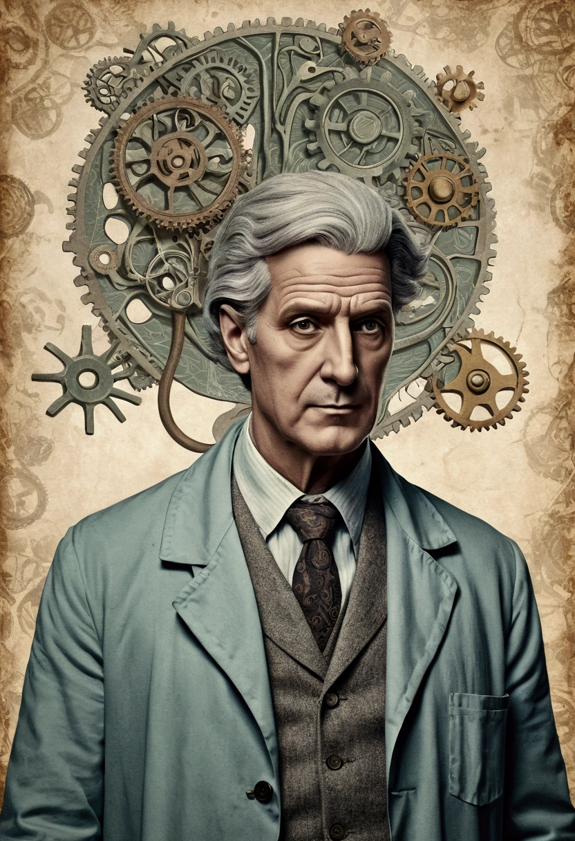 An old wallpaper background, Tons pastel, vintage, with illustration of a doctor, gray coat, a brain in the background, neurology scenario, graphics and lots of gears, papyrus, rustic paper