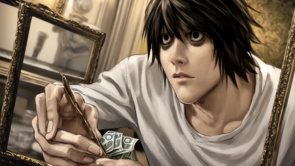 1 boy, man, perfect anatomy, mesmerizing black eyes, 8k resolution, (one person), (realism: 1.2), (masterpiece: 1.2), (cowboy frame: 1.2), dark romantic lighting, (high detail: 1.2), (detailed face: 1.2), (gradients), bright detailed eyes, (natural light: 1.2), solo, indoors, perfect lighting, perfect facial features, perfect angle, perfectly drawn eyes, man, skinny, serious expression, money, dollars, gold around, dollars