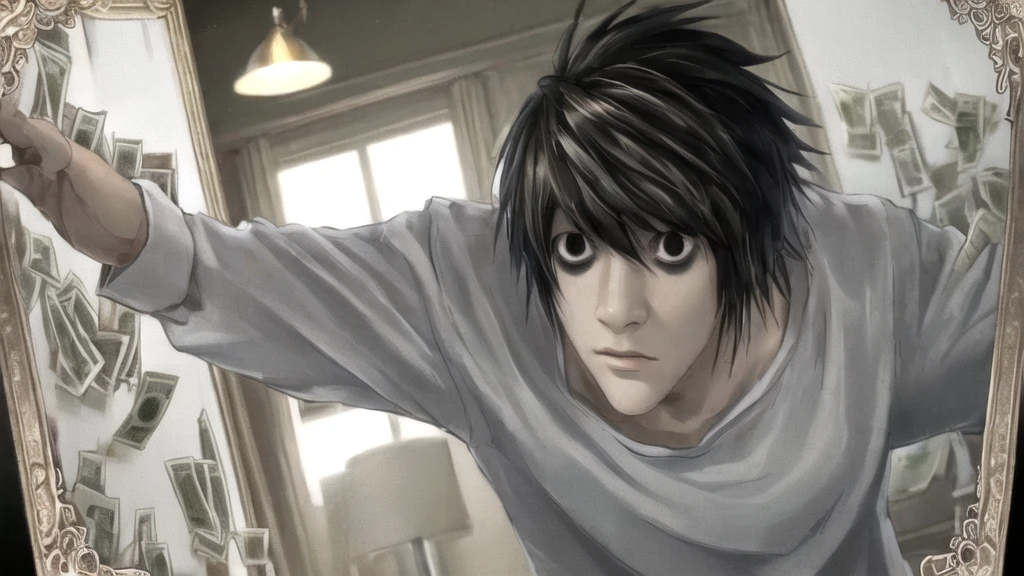 1 boy, man, perfect anatomy, mesmerizing black eyes, 8k resolution, (one person), (realism: 1.2), (masterpiece: 1.2), (cowboy frame: 1.2), dark romantic lighting, (high detail: 1.2), (detailed face: 1.2), (gradients), bright detailed eyes, (natural light: 1.2), solo, indoors, perfect lighting, perfect facial features, perfect angle, perfectly drawn eyes, man, skinny, serious expression, money, dollars, gold around, dollars