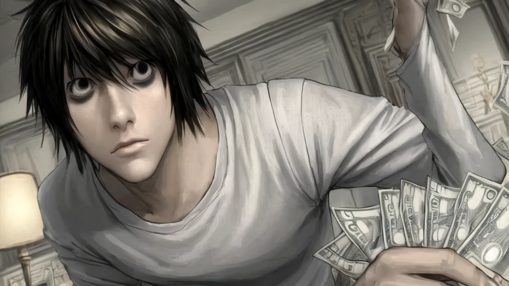 1 boy, man, perfect anatomy, mesmerizing black eyes, 8k resolution, (one person), (realism: 1.2), (masterpiece: 1.2), (cowboy frame: 1.2), dark romantic lighting, (high detail: 1.2), (detailed face: 1.2), (gradients), bright detailed eyes, (natural light: 1.2), solo, indoors, perfect lighting, perfect facial features, perfect angle, perfectly drawn eyes, man, skinny, serious expression, money, dollars, gold around, dollars