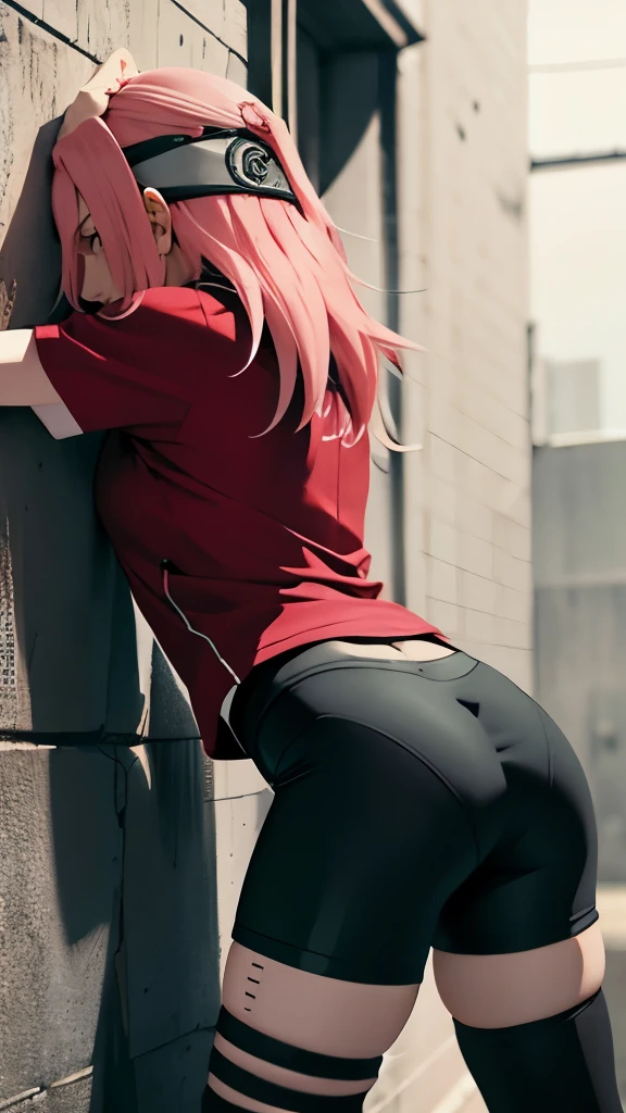 chedevr, Best quality at best, 1 girl, Sakura Haruno, big ,red clothes,Grew, to be sexy,Very angry,with pink hair, long pink hair, (green eyes:1.4), Forehead Protection,ideal figure,Behind,Портрет в полный рост Behind,in the cell,standing on his feet, leaned forward too much, face pressed against the wall ,legs straight, rests his palms on the wall,arms bent at the elbows, the back is strongly arched back, tight black glossy bicycle shorts, lower body close up , A view of the butt , ass in profile