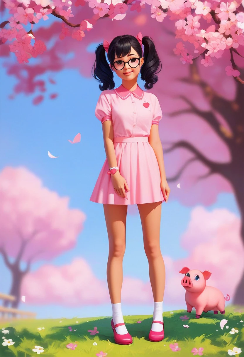 ashley, 1girl, solo, full body, glasses, black hair, pig tails, pink shirt, short sleeves, white socks, pink mary janes