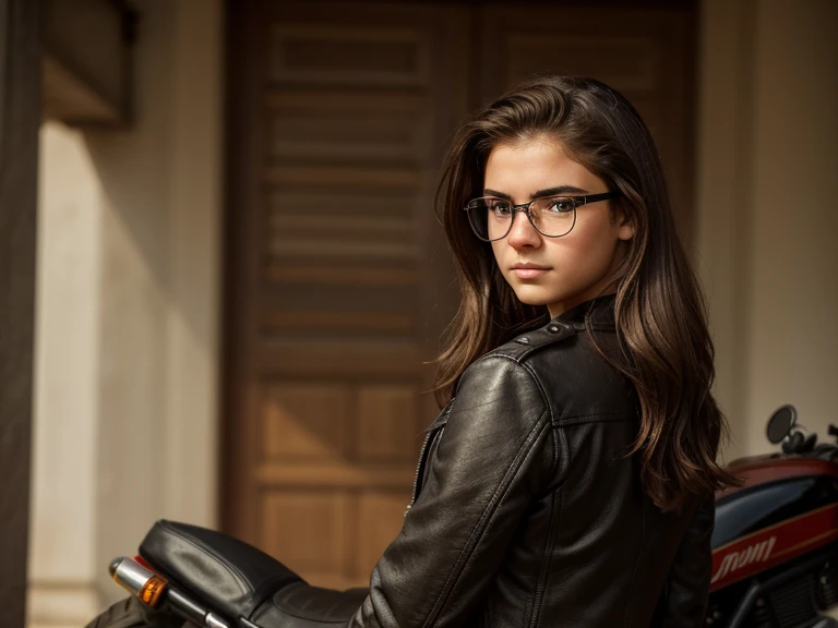 Realistic photo of a -yeld giof European appearance; thick brown hair below the shoulder blades, slightly curly from medium length;;;, Large sparkling dark brown eyes, long eyelashes, Glasses(Natural glare of glasses), thick eyebrows, serious, gloomy, indifferent, heavy, The Penetrating Eye, looks at the camera from under his eyebrows(a slight tilt of the head forward and down); Black biker leather jacket, ripped jeans , striped knee socks, Tall laced sappers, riding a motorcycle "Java"; Behind the back is a sheath with a katana; Without makeup; Professional studio photography with a film SLR camera.("Zorkiy-4"), (photographed in full length), Anatomical realism(mandatory observance of the development and proportions of the body in accordance with the specified age (16 years)high resolution, detailed skin texture, daylight, 8 K, Texture of the photo card