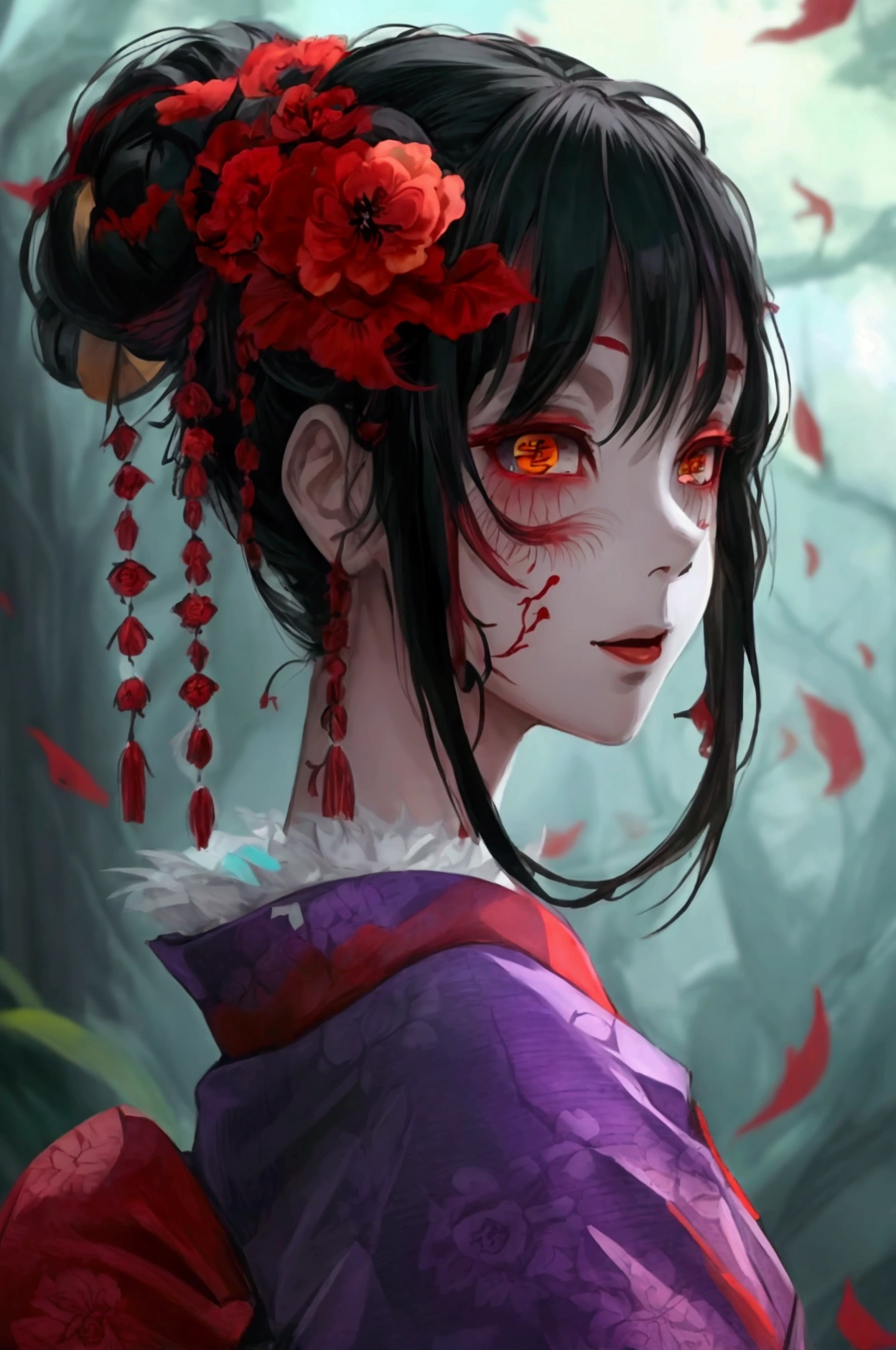 Ubume is a woman of great beauty of medium size, she had long black hair always tied in braided bun. In her hair, she always had a red flower. Her eyes are crimson red. She wears a purple kimono. She has Kanji 下 弦 壱 in her right eye. She has a false maternal smile. Her hands are full of blood [Woman] [Redeyes] [Kanji 下 弦 壱 in the right eye] [Dark Hair] [Great Beauty]