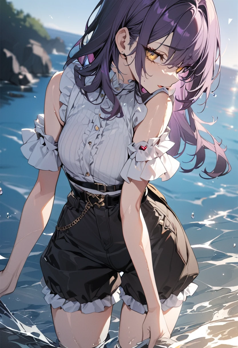 1 girl, masterpiece, best quality, fair skin, golden eyes, big eyes, dark purple hair, side tail, frills on shorts, black belt, red jewel, water, anime