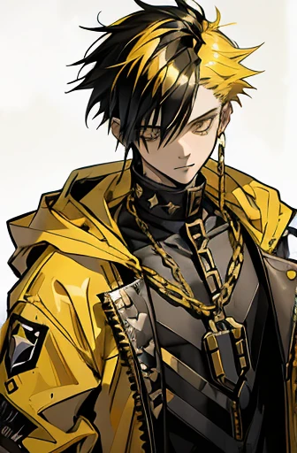 realistic, bright eyes, good graphics, dead inside, split hair yellow black 16, bright beautiful eyes, gangsta golden chain, vomitboy haircut, hair on both sides black and yellow, split black / yellow hair, messy spiked yellow hair, handsome guy, 16 yearsairstyle, gold chain, Slavic appearance, simple style, hoodie