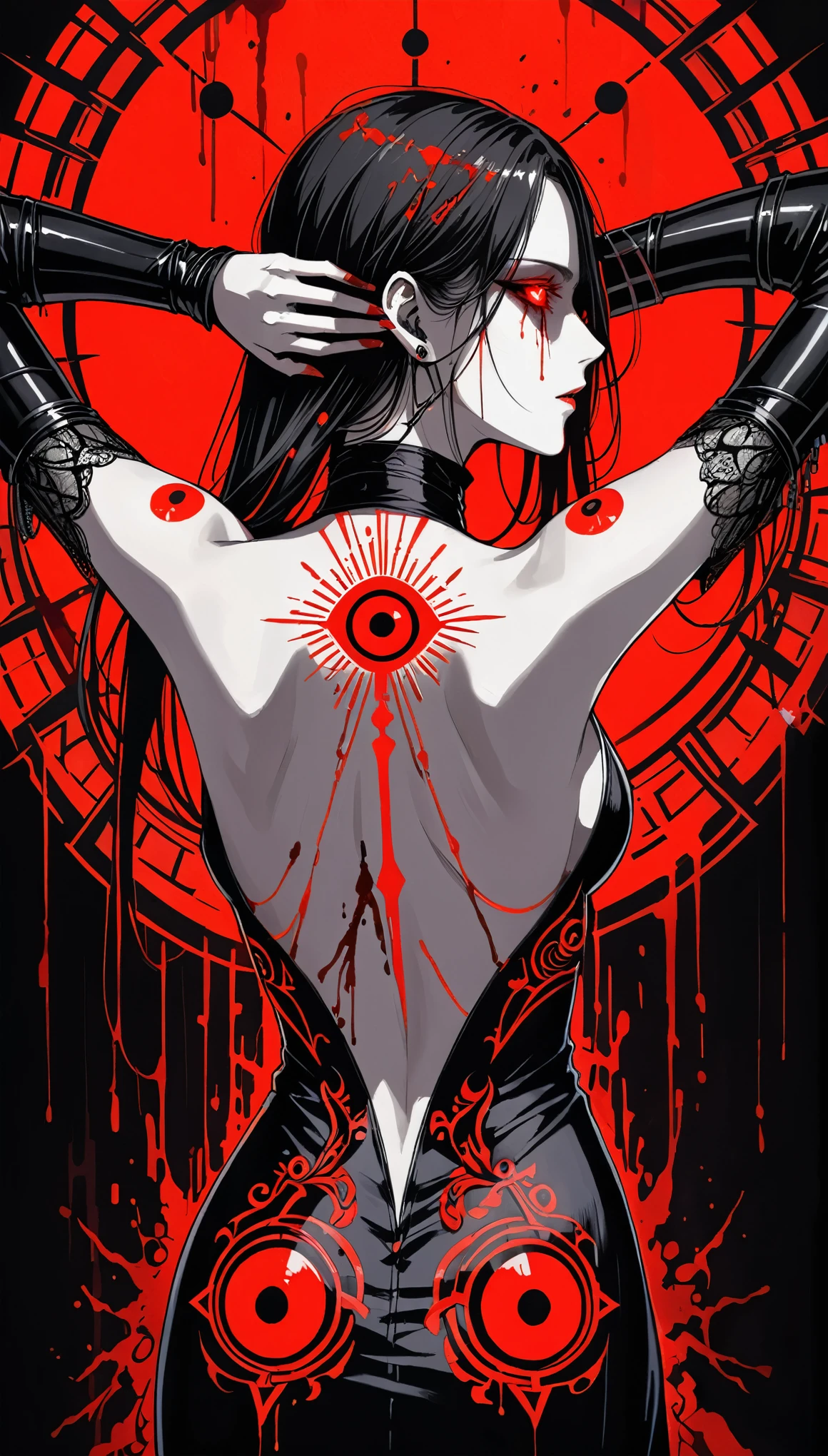 (in style of Harry Clarke:1.1),(in style of Santiago Caruso:1.4), 1girl,(underboob cutout:1.3),long hair,black high-neck bodycon dress,(juliet sleeves:1.3),hip-wrapping pencil long skirt,(from behind:1.4),looking to viewer,clasp your hands to your chest,(back tattoo show:1.1),(bloodshot of the all-seeing eye:1.7),twist your hips,(arms_behind_head:1.9),glowing neon red,origin,blood radiation,bloody art,fluorescent red pupils,