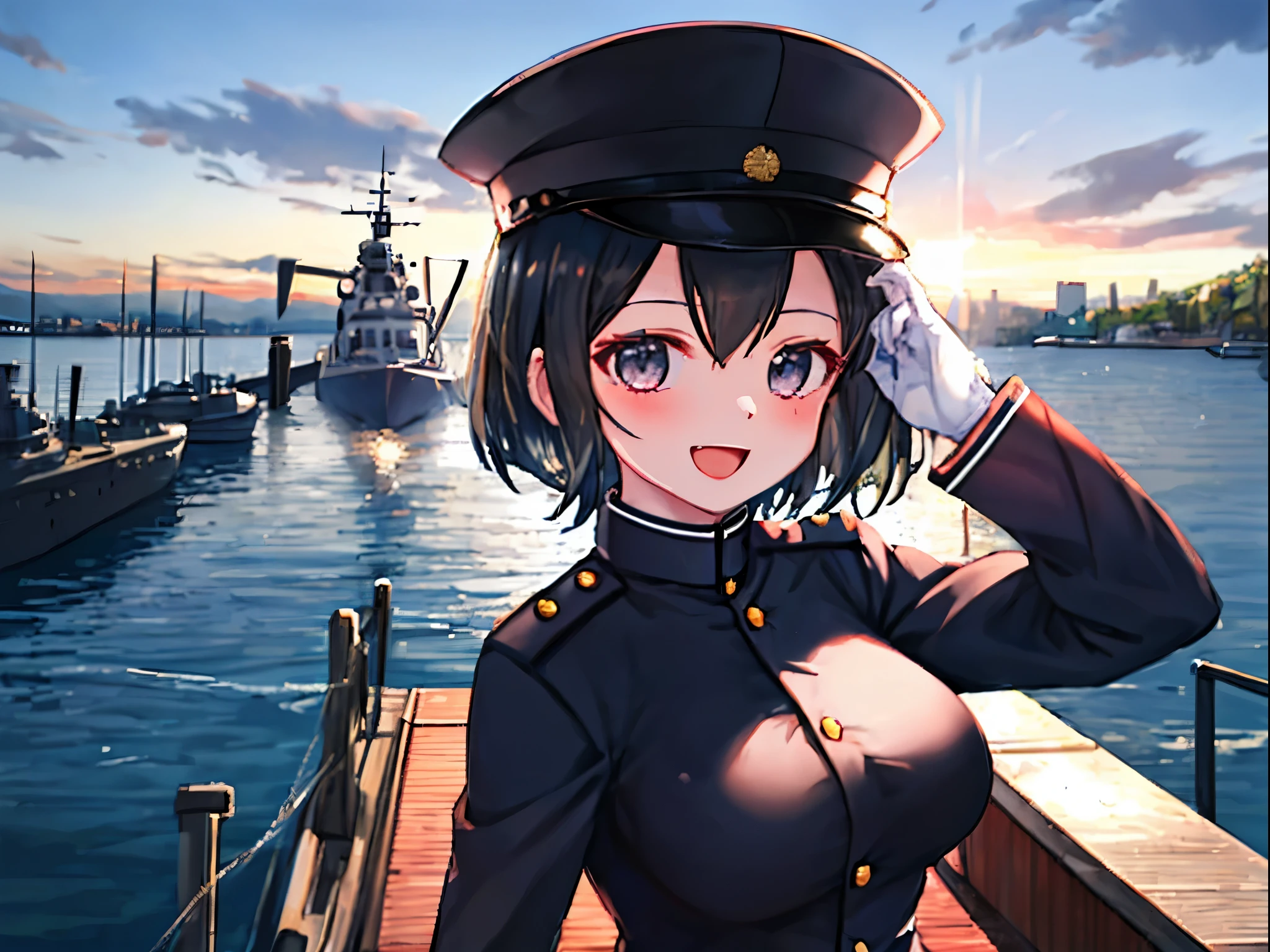 best quality, masterpiece, solo, {akitsu_maru_kantaicollection:1.15}, black_hair, short_hair, hat, peaked_cap, black_eyes, military, big_breasts, 1girl, black_headwear, looking_at_viewer,black_ military_uniform, uniform, military_hat, in_front_harbor_town_landscape_background, smile,(plump:0.7),,black_thigh-highs,joylight_open_mouth,