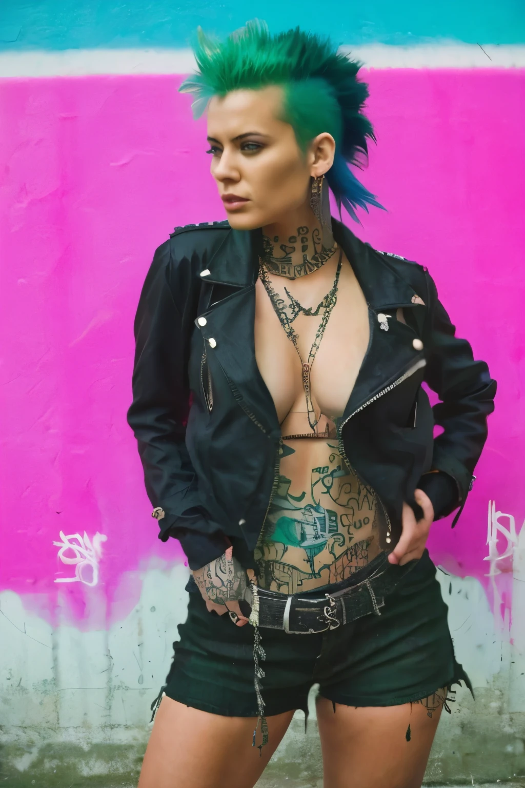 (work of art, best qualityer:1.2), 1 girl ,intrincately detailed, "Punk Girl", in dynamic pose, ((spike mohawk hair, Green punk hair, wearing a black jacket, Rocket style, tattooed , hot body, abs)) . Shallow depth of field, vignette, highy detailed, high budget, bokeh, cinemascope, temperamental, epic, marvelous, film grain, grainy. ((Abandoned grafitti wall background)).