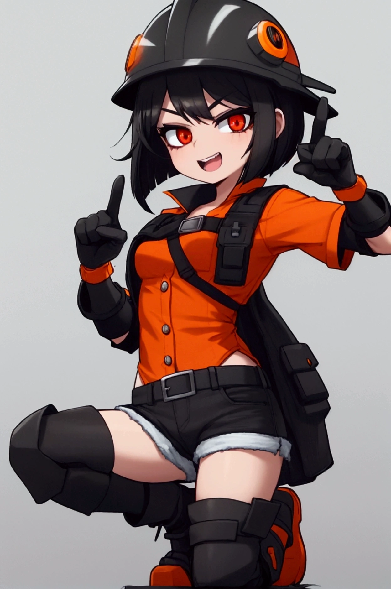 girl, black hair, bob, red eyes, orange short-sleeved safety jacket, black inner, denim shorts, black short socks, orange simple construction helmet, orange safety boots, white gloves, pointing finger